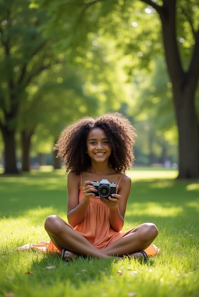 A brunette girl with curly hair and big breasts sits with her legs stretched out, taking a realistic photo