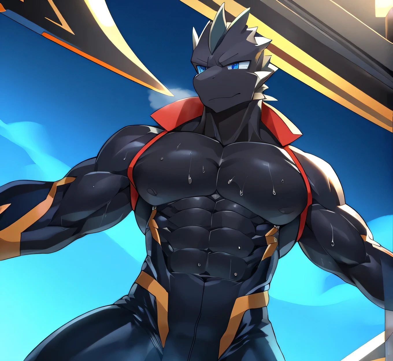 Thin macho　western black dragon　　abs　　　　　Hollow abs　　body suit　　thick arms　　　chest rig　　　、sweaty　　　skin glow　　profile　　Wearily　short of breath　　  　Chemo shota　　Thick chest have a 　Blue eyes　Tired look　Glowing abs　Deep abdominals jacket　profile　one person　Sweat　Arms　8 Pack Abs　Eyebrow　１０generation