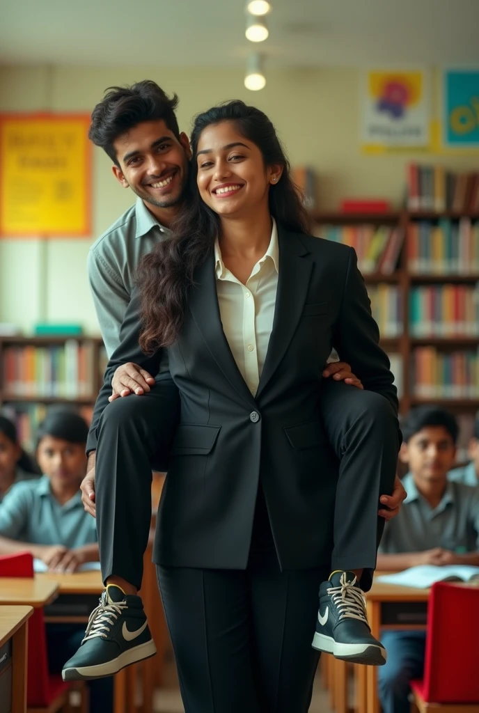 Create a realistic photograph of a smiling and beautiful indian college girl in black uniform suit carrying a obese man on her shoulder , in a room, man is sitting on her shoulder, man on top, woman standing at bottom