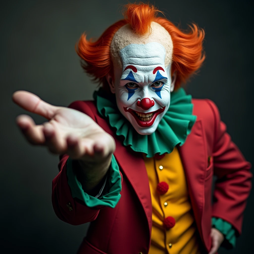 Clown extending the palm of his hand