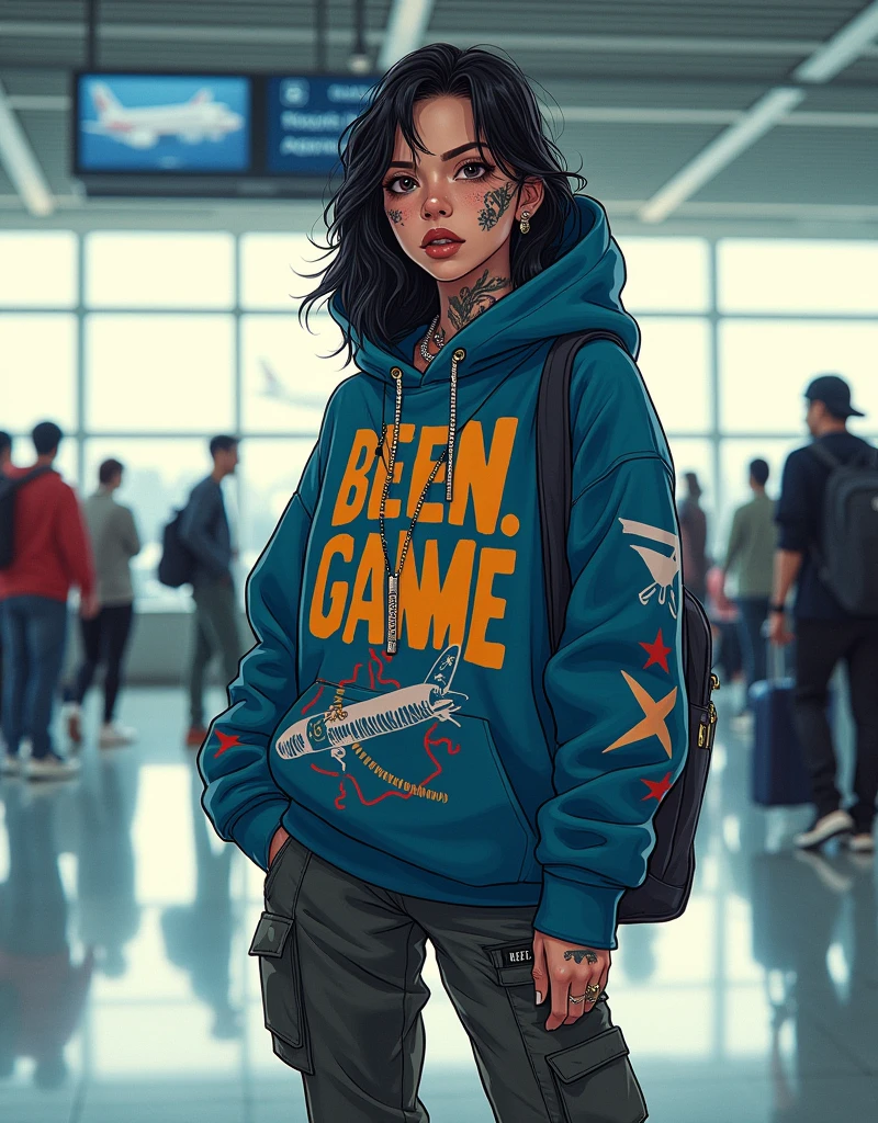 Asian Girl Rapper, at the airport, big hoodie, very pretty, face_tattoos, comic style, cartoon, comic style, gangster, tech wear outfit, dynamic
