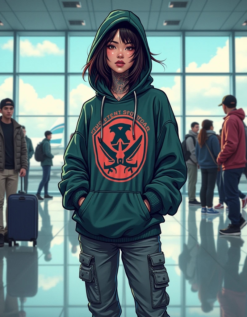 Asian Girl Rapper, at the airport, big hoodie, very pretty, face_tattoos, comic style, cartoon, comic style, gangster, tech wear outfit, dynamic