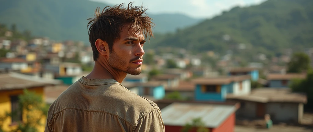 Man, beautiful, attractive face, hazel eyes, perfect jaw and chin, muscular, defined, attractive body , wearing a dirty, torn shirt , rebellious brown hair, sun-burnt , in the Brazilian favela , with houses from Brazil  , He is facing away, looking at the landscape of the hill. 
