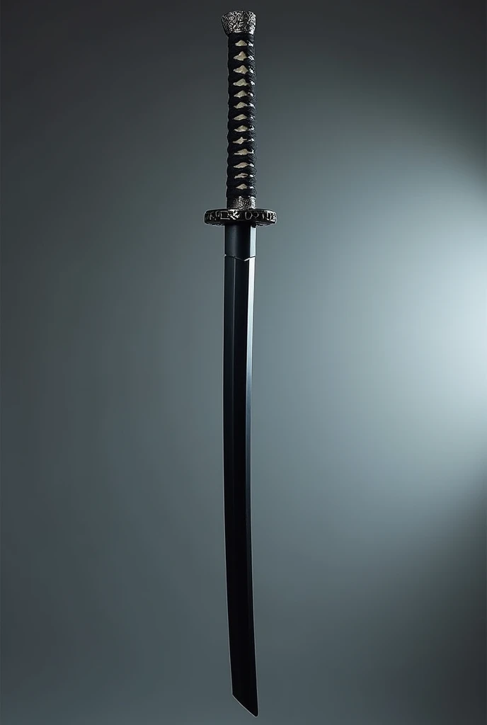 "A katana with a slightly thinner, black blade that has a subtle bluish sheen. The sword is displayed horizontally, showcasing its details. The hilt is wrapped in black fabric with silver accents, and the guard is shaped like a stylized cloud. The overall design of the sword is elegant and mysterious, with a dark, ethereal quality. The background is simple and neutral to keep the focus entirely on the katana