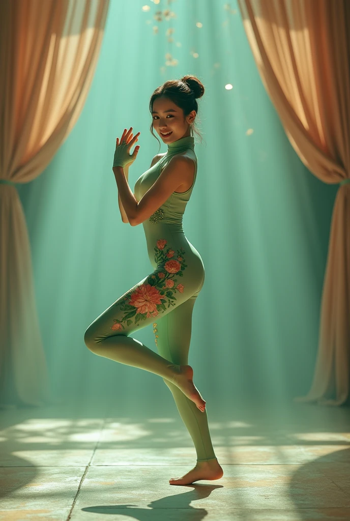 The beautiful asian adult girl  contortionist with beautiful cheeks wears light green floral print lycra turtleneck zentai catsuit covered with patterns with gloves and lycra elastane dancewear performance hood that is closed.She is happy for contortion