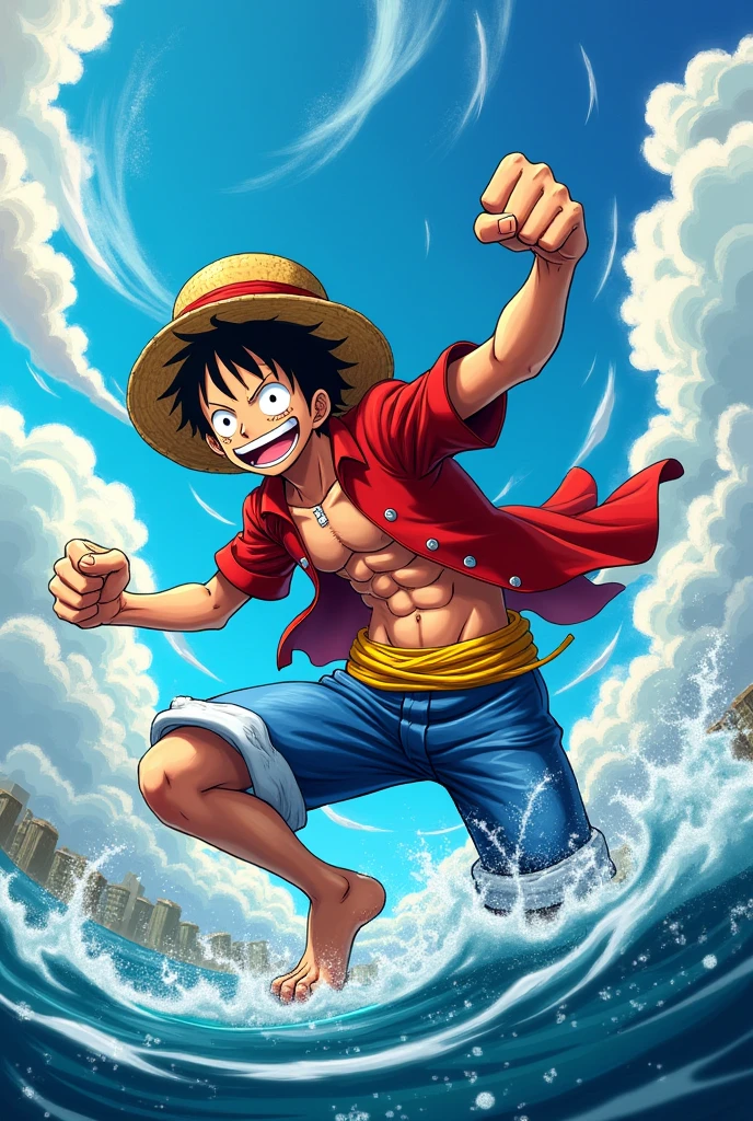 Luffy in the form of a fist doing the punch with both arms 