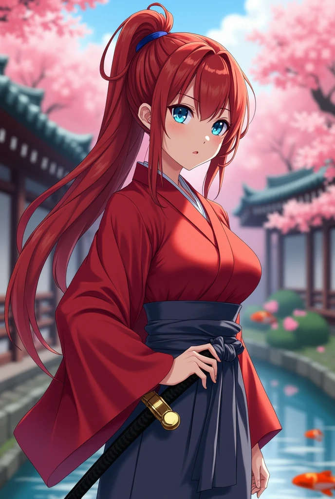 An anime Japanese woman in a kimono, with azure eyes, red hair in a long ponytail, gray hakama pants, and crimson clothing. She has a Japanese sword on her left hip, large breasts, and a large rear end, with her chest emphasized. Her gaze is sharp.