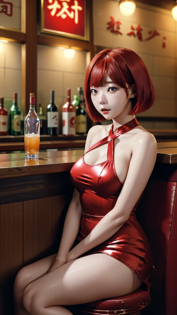 20-year-old women,,Clear images、Real women、Her bust size is a little larger than average, she has red hair, Short Bob Style、She is wearing  a mini skirt。Wearing a one-piece dress。She wears shiny red high heels。
she、Drinking too much alcohol、Drunk and sitting back in the bar,
She's drunk quite a bit from drinking too much alcohol。
Staring at the person next to you with half-open eyes and mouth.。
