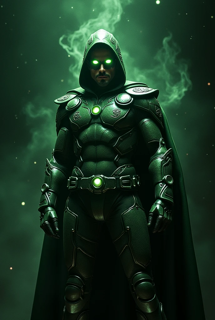 Generate a Robert Downey Jr. Doctor Doom looking straight ahead with green glow in his eyes in dark space