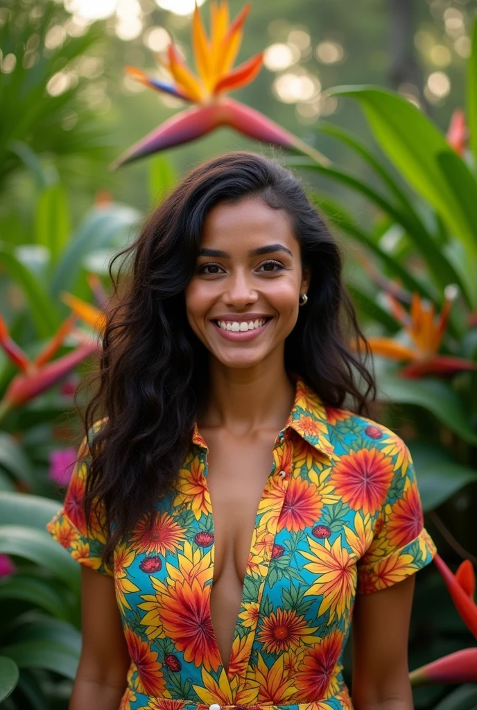 A Brazilian woman in a lush tropical garden, wearing an open shirt with a floral print, with a close-up capturing the harmonious beauty between her breasts and the natural flowers, showing off your natural charm and outgoing personality.