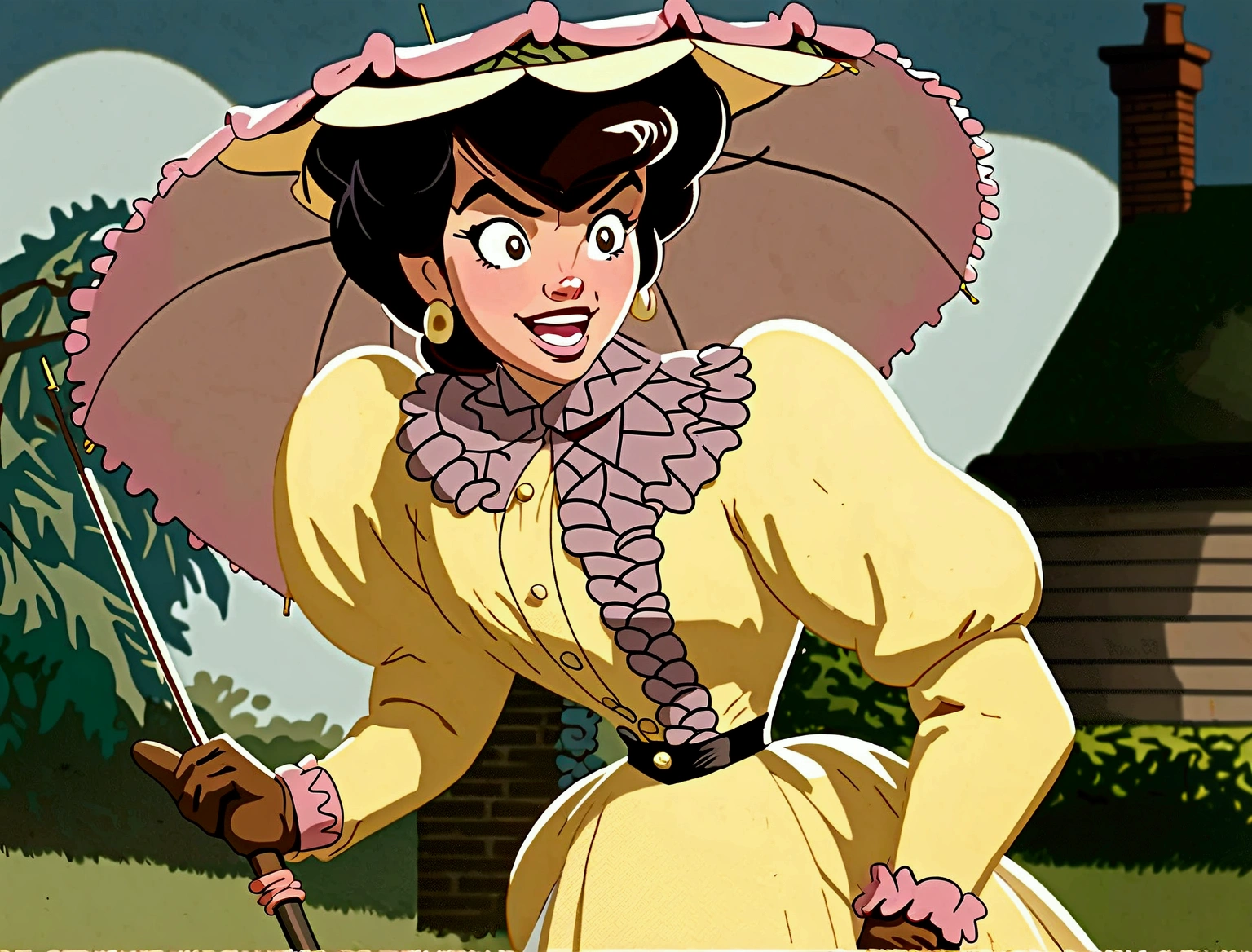 Year 1899. Veronica Lodge as an attractive, slutty **** brunette socialite daintily carrying a parasol, pinky finger raised. Yellow 1890_dr3ss and ornate wide-brimmed hat. High-collar long sleeve top, long skirt. (((Lifting her skirts, revealing her petticoats, stockings and boots.))) Full body