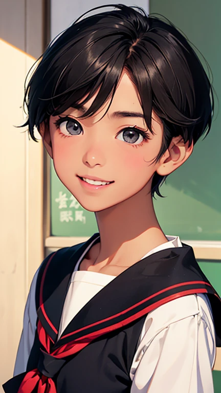Highest quality、Realistic、、zoom、Primary school students、Girl、look up、cute、Light grey eyes、Black Hair、Short Hair、boyish、Tanned brown skin、Dark Skin、Sailor suit、Shy laugh、Flat Chest、Bust Shot、thin
