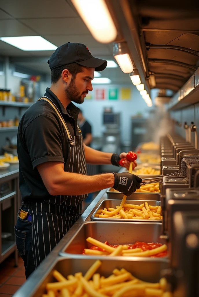 (photorealism:1.2) Person with no arms, in a fast food job, in the kitchen area, has no arms and is at the industrial french fry fryer, They are not in a wheelchair..