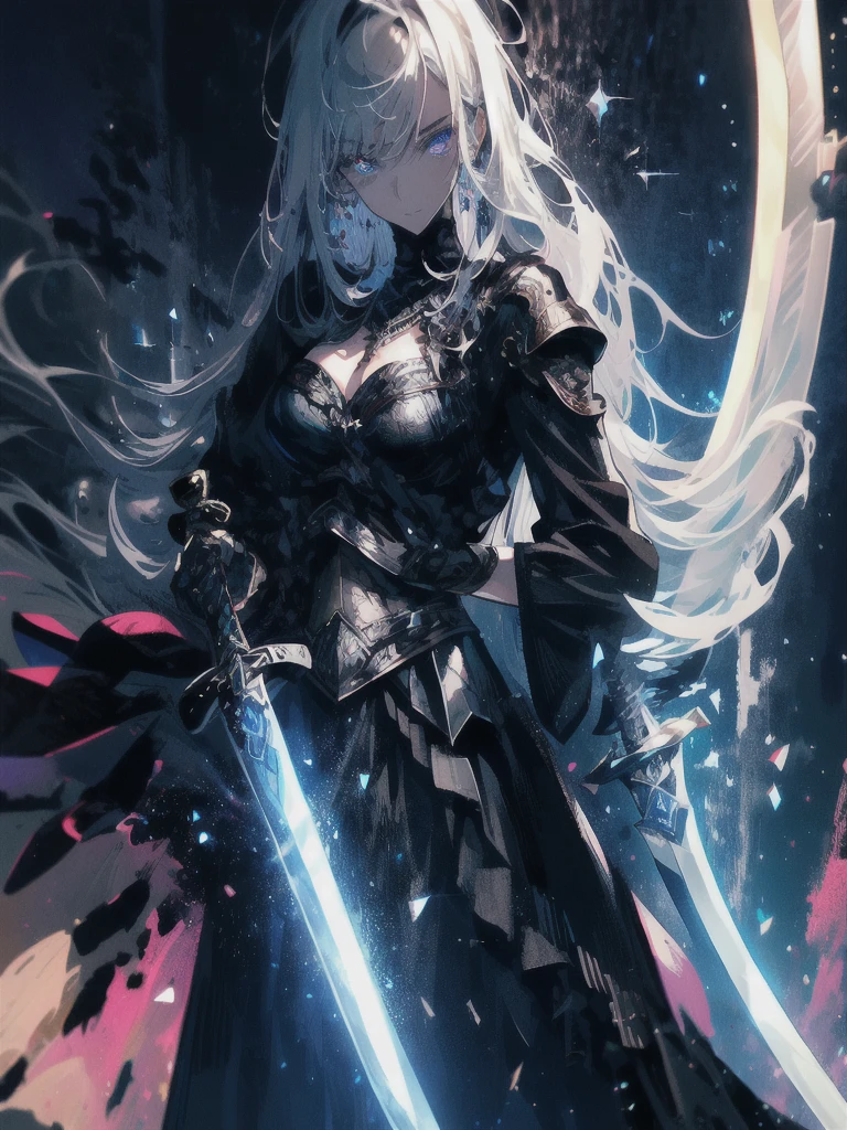 Holding a one-handed sword、Please take the black sword.、((masterpiece, highest quality, Super detailed, High resolution)), alone, beautiful girl, shining eyes, perfect eyes, 15 years old, black white gold theme,