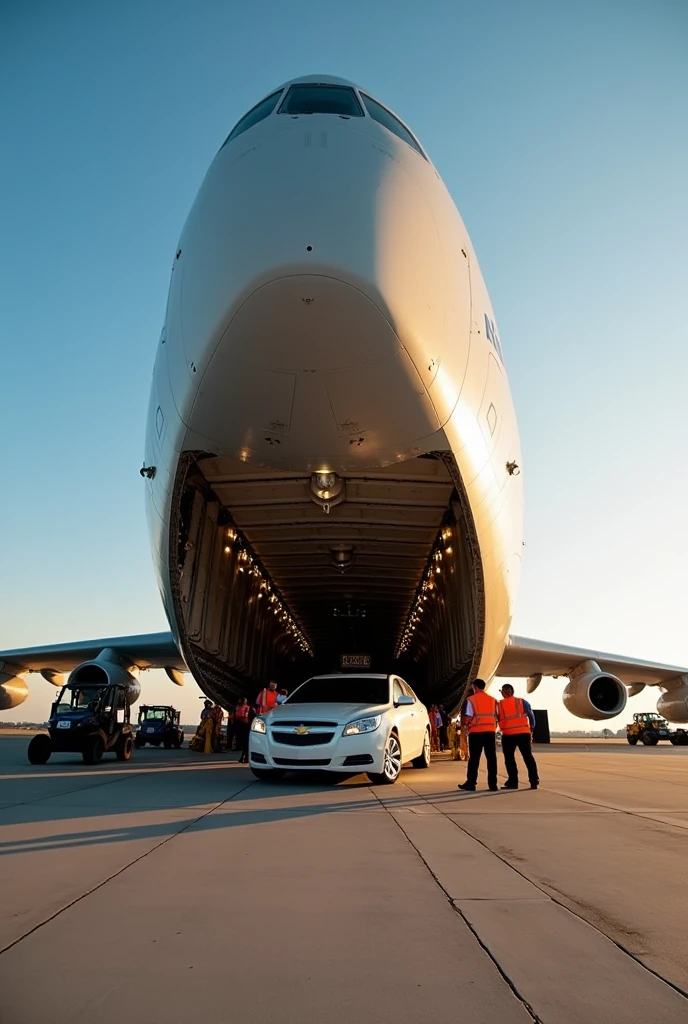 antonov an225 front being loaded with Chevrolet vectra elegance