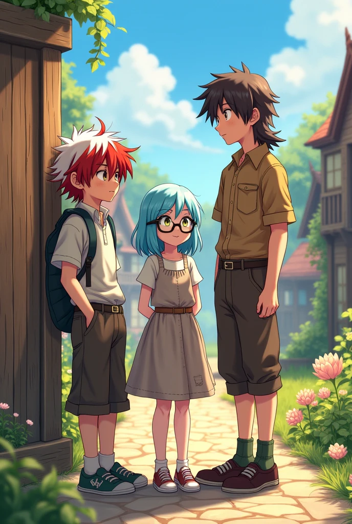 Make a boy with medium white and red hair , and a pale girl with sky blue hair wearing glasses , and a tall boy with long brown hair, make it with brown villager clothes , in a village