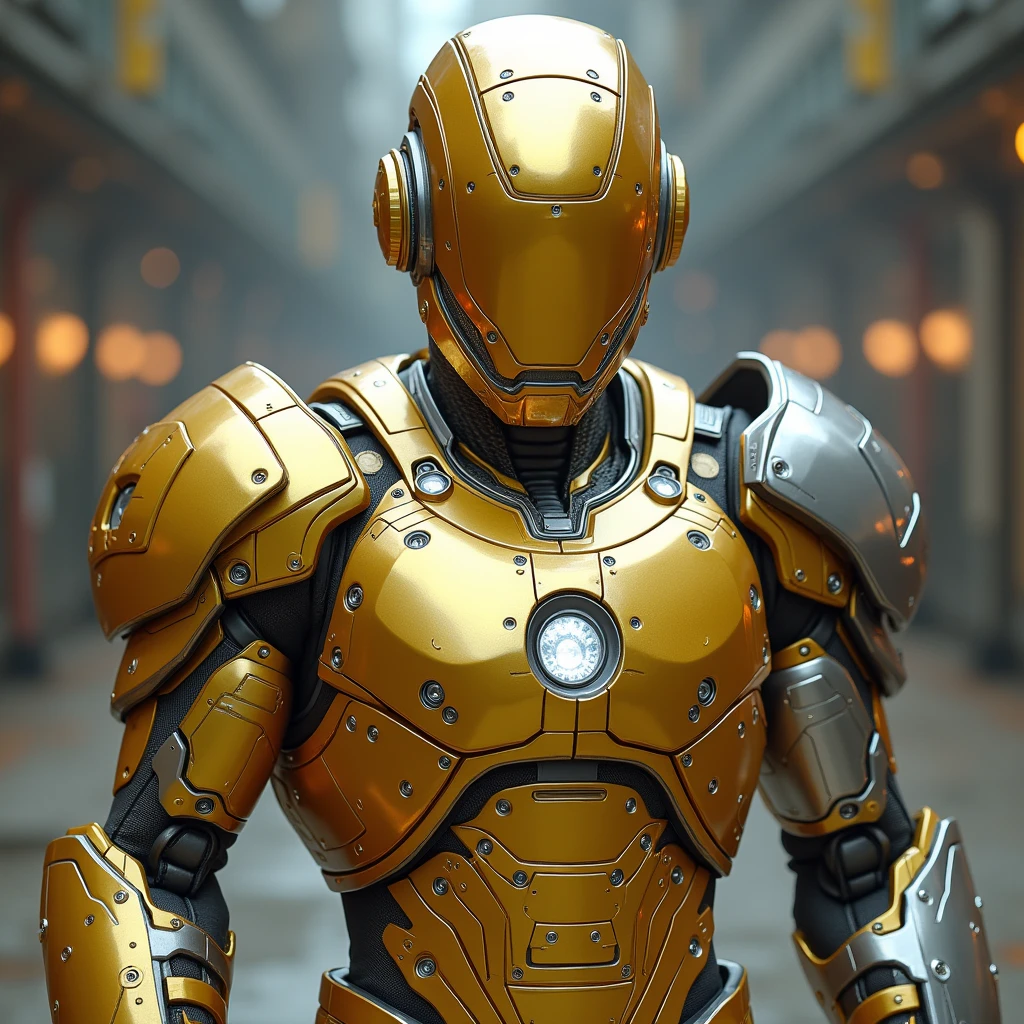 Create a boxer with a golden and silver android armor from the future
