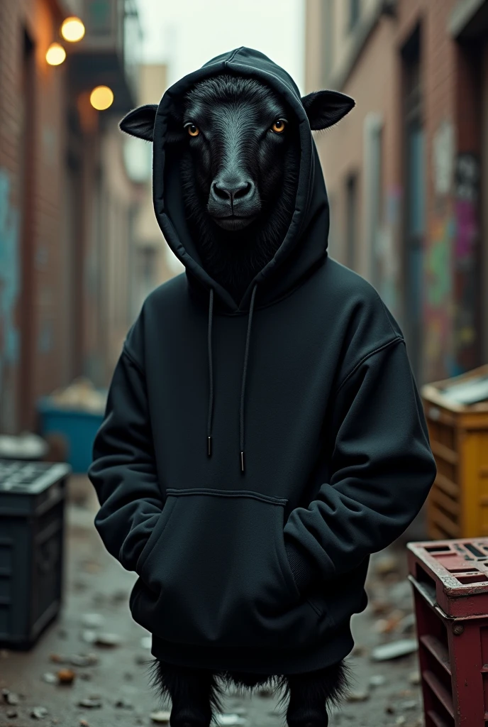 Black sheep animal with gangster Rapper look. Black hooded sweatshirt without designs