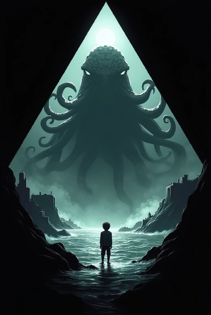 diamond shape canvas with black background, cthulhu lovecraft ,cthulhu, lovecraft ,Work by HP Lovecraft , dark ocean, ghostly harbour Terror, man standing in ocean staring up at cthulu, haze, haze, fear ,frightful , dramatic lighting , cinematic lighthing, black and white, square logo, animated cartoon style - all of this on a diamond shape with black background, diamond shape main image area