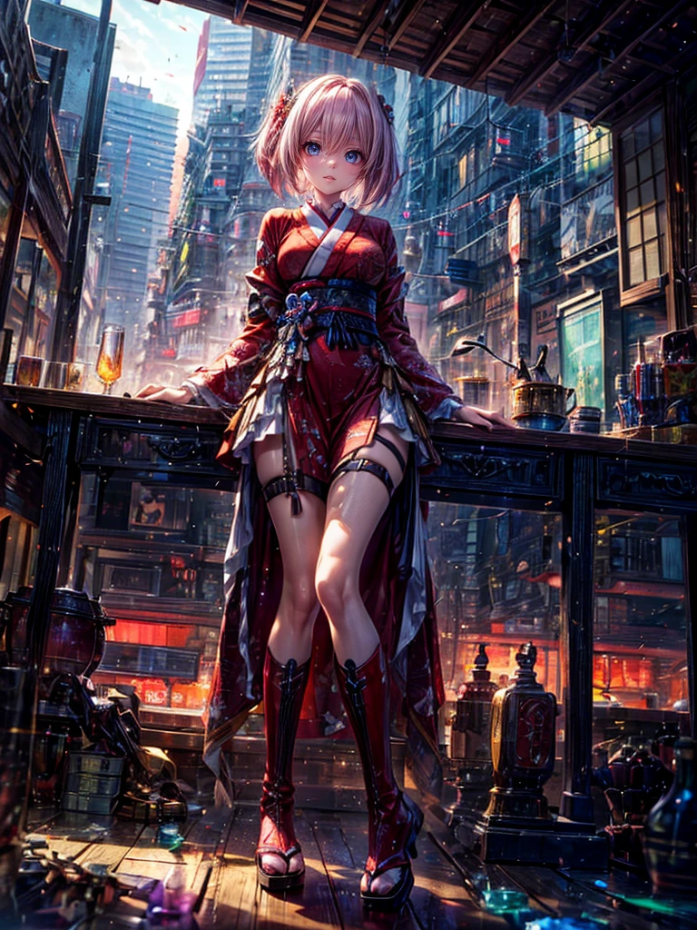 High resolution, Winner of numerous awards, Ultra high definition, Textured skin, Retina,
masterpiece,(bestquality),highlydetailed,ultra-detailed,1girl, (A composition where a girl:1.4)(A crimson red dress blended with mechanical parts:1.2)White boots(Modern landscape:1.2,natural lighting:1.5,confidentexpression),(Modern Japanese building rooftops)(panorama:1.2),smile,angle、chrome,raw(A beautiful girl with pink hair in a short cut:)(Hands and feet are mechanical parts.2)