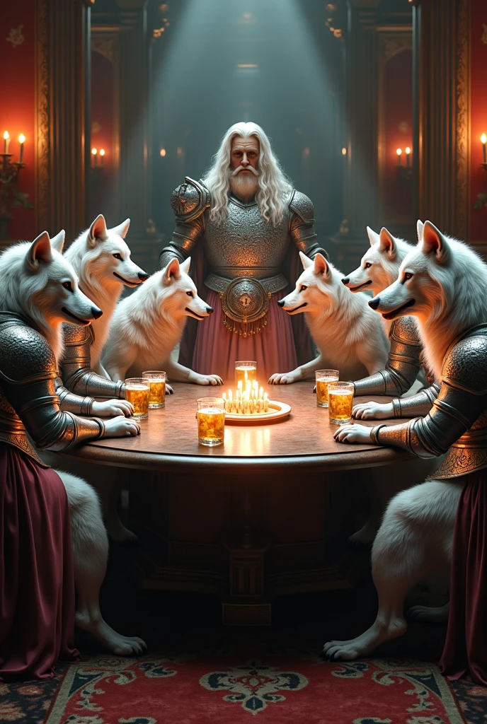 (photorealism:1.2),8 legendary silver wolves and pink and white she-wolves in armor from the Heineken gods on a medieval round table Zeus
