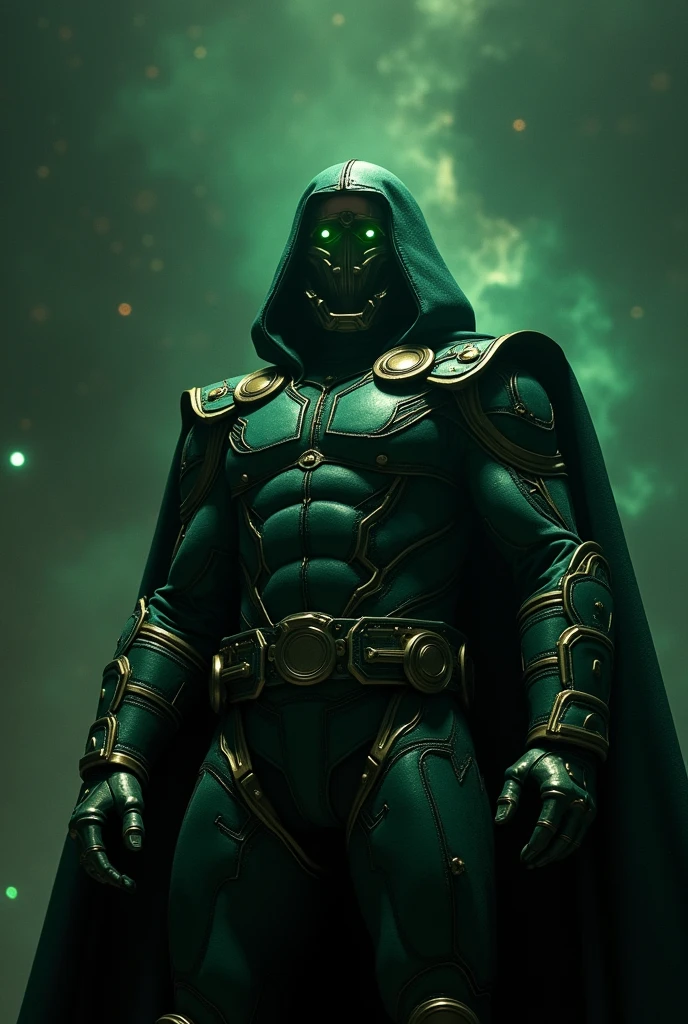 Generate a Robert Downey Jr. Doctor Doom looking straight ahead with green glow in his eyes in dark space