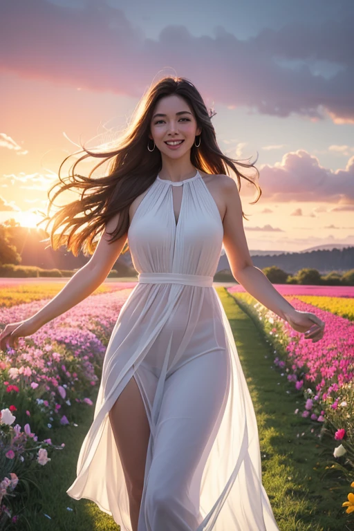 Digital painting of a beautiful, sexy and sensual full-length model enjoying joy and happiness; walking and singing happily in a field of flowers of bright, happy and intense colors at sunset for the joy of life. The image must be inspired by life, happiness and joy. Color background that contrasts significantly with the image and highlights the joy of living. Capturing light and texture, high resolution, mysticism+coherent and ultra-realistic