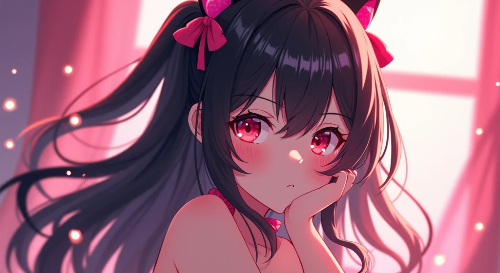 1 girl, black hair, hair ties, wince, longeyelashes, solid circle eyes, fake animal ears, slight smile, Ear redness, cat ears, animal ears, Long hair, pinkies Hair, Long hair, pinkies Hair, pinkies Hair, surrealism, drop shadow, anaglyph, Stereogramm, Tachi-e, throw, atmospheric perspective, anime-style, clair obscur, depth of field, cinematic lighting, Motion blur, chromatic aberration, sparkle, jpeg artifacts, blurry, glowing light, divine rays, Raytracing, reflection light, Contre-Jour, Mix, chromatic aberration abuse, bloom, Dithering (Tremble), drop shadow, film grain, Fujicolor, Image filling, Motion Lines, several monochromes, optical Ilusion, anaglyph, Stereogramm, Speed lines, Scanlinien, vignetting, Silhouette, anime-style, anime-style, anime-style, 8k, Super Detail, Exactly, best quality, HD, 4K, best quality, good quality, Super Detail, High details, High details, High details, High details, High details, High details, High details, High details, best quality, best quality, best quality, best quality, good quality, good quality, good quality big Anime-Frau in rosafarbener Dessous