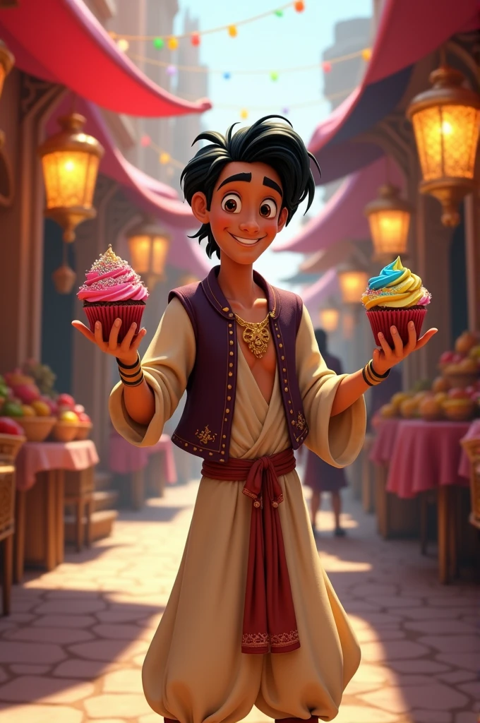 Create an image of Aladdin holding a cupcake