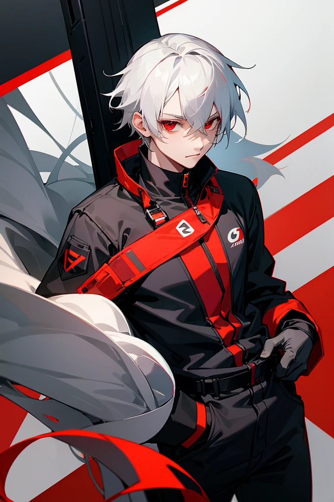 male, young adult, White Hair, Red eyes, Black and gray jumpsuit, SOS Logo, goggles, Perfect quality.