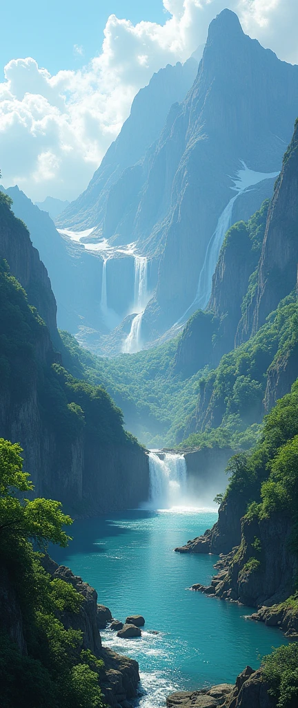 masterpiece, 最high quality, high quality, Very detailed CG unity 8k wallpaper, scenery, Outdoor, null, cloud, Day, No humans, Mountain, landscape, water, wood, blue null, waterfall, cliff, nature, lake, river, cloudy null,Award-winning photography, Bokeh, Depth of written boundary, High resolution, bloom, chromatic aberration ,Realistic,Very detailed, artステーションでトレンド, Trending on CGSociety, Complex, Attention to detail, dramatic, art：midjourney