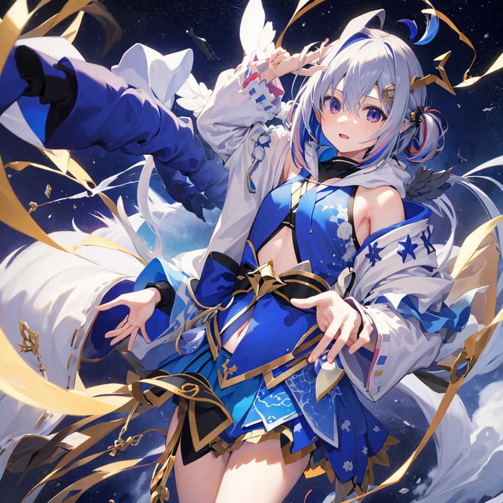 Amane Kanata,Ho****ve,Cool pose,Night Sky,(No sleeve,Belly button,One white wing),sea of clouds,The dragon is flying,Wearing a black hoodie