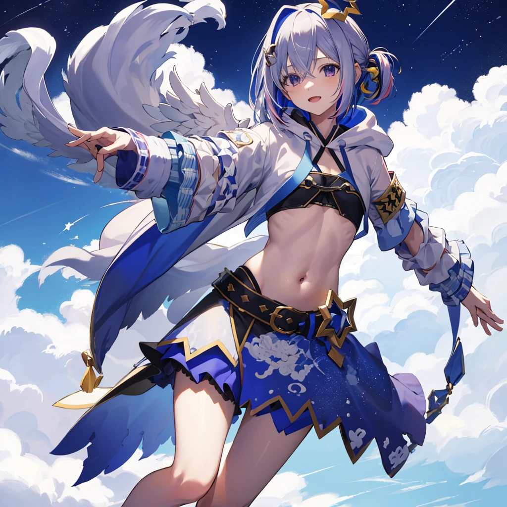 Amane Kanata,Ho****ve,Cool pose,Night Sky,(No sleeve,Belly button,One white wing),sea of clouds,The dragon is flying,Wearing a black hoodie