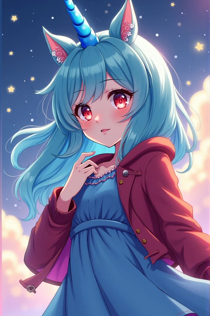 Illustration of an upper body with aqua blue hair, red eyes, a blue dress with a red jacket, and long hair with a blue and aqua blue unicorn horn.