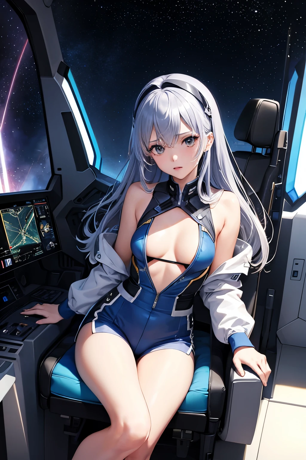 (((Highest quality、first class、masterpiece、Normal body、8k、Detailed face、Ultra-precision、normal hand、Normal refer to、5refer to、Highest)))、Eternal Frail、Silver Hair、Long Hair、Slender、Small breasts、Lady、kid、clear、pure、A blue suit that reveals a cleavage、Navy blue shorts、"SD Gundam G Generation"、Gundam、Pilot a Gundam、Gundam Pilot、Mobile Suit Pilot、Gundam Cockpit、Mobile Suit Cockpit、Sit in the cockpit、Seat belt((Seat belt spanning from the shoulder to the cleavage and crotch of the pilot's seat.))、Grip the control stick、Surround monitor、All-day monitor、View Monitor、universe battle、universe、Fast Combat、High-speed maneuver、Speedy space background、Fluid Background