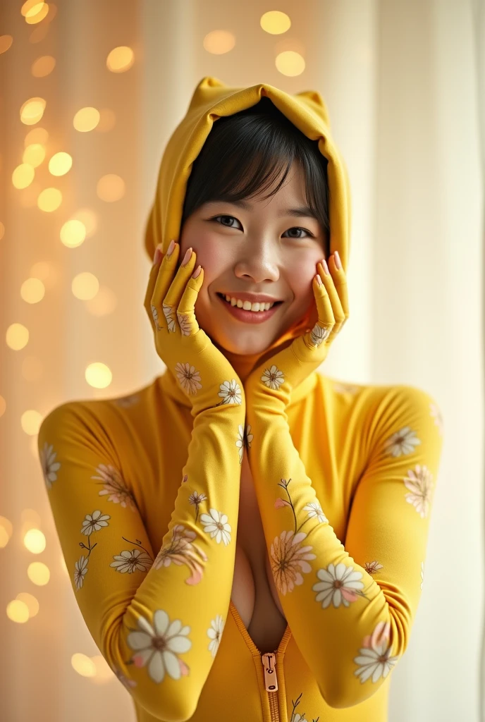 The beautiful asian adult girl contortionist with beautiful cheeks wears light yellow and floral print lycra turtleneck zentai catsuit covered with patterns with gloves and lycra elastane dancewear hood that is closed.She is happy for contortion