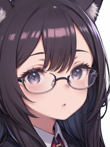 One Girl、Face close-up、Fox-shaped glasses frame、△ Mouth、Watching the audience、