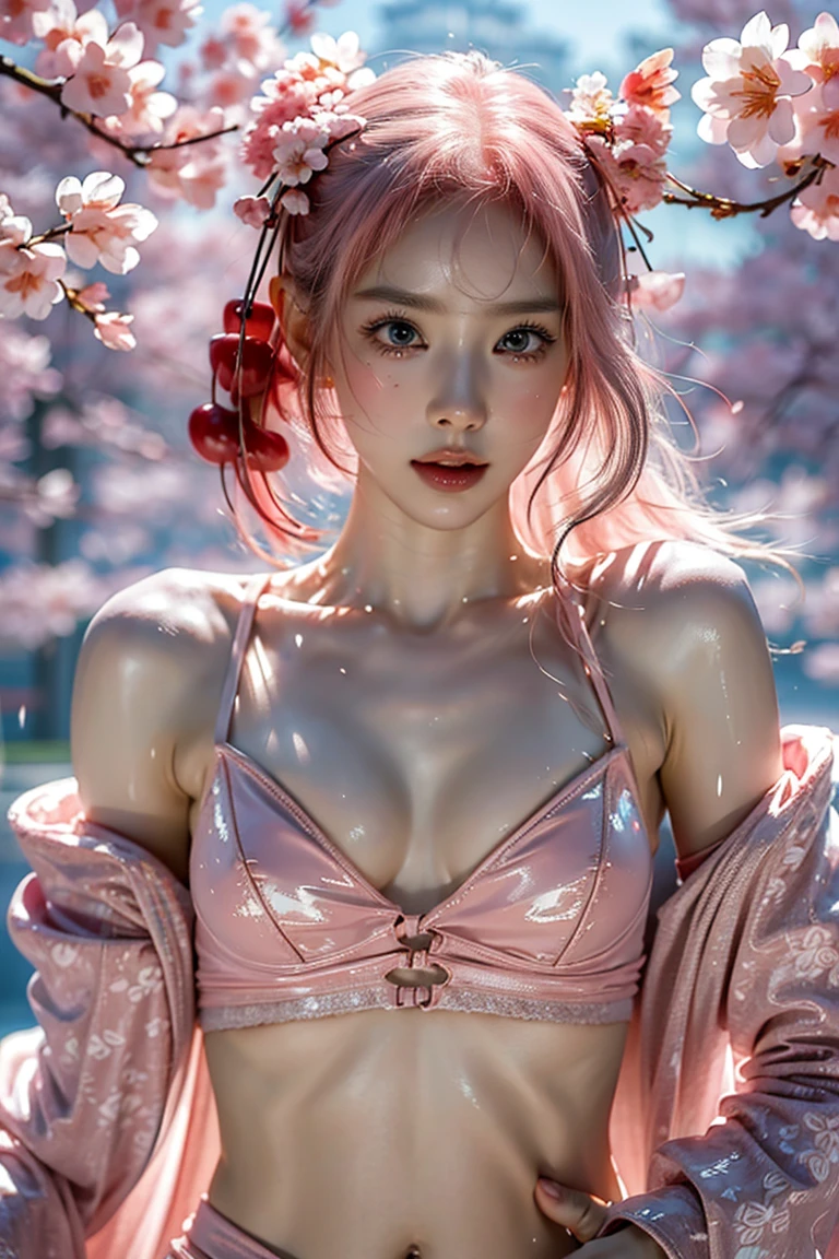 (((Sexy pink lingerie)))、Bangs and twin tails、belly button and lower chest are visible、shiny skin、((Shy face))、((Blushed))、(teary eyes)、cry、(((A temple filled with cherry blossoms)))、((beautiful picture))，(masterpiece details RAW photos:1.25), (best quality:1.6), (Ultra-high resolution:1.5), (actual:1.75), 8K resolution, Canon EOS R5, 50 mm, absurd, Super detailed,movie lighting、((Sexy tong))
