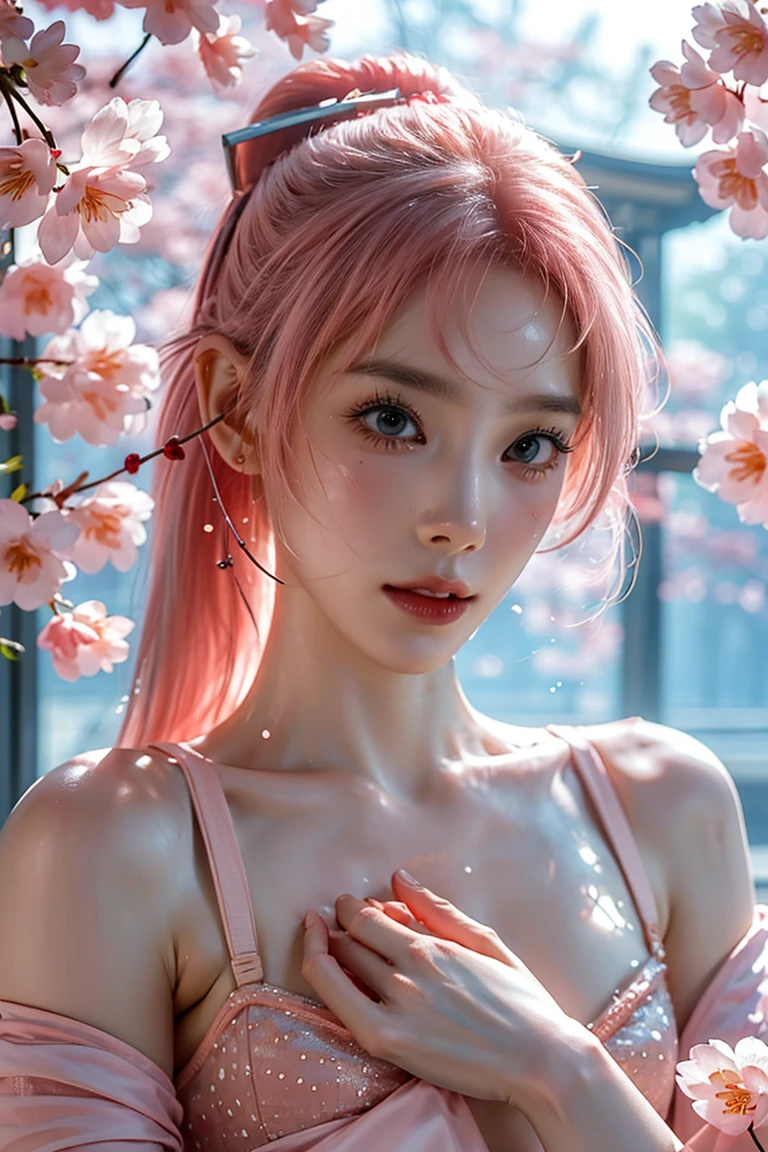 (((Sexy pink lingerie)))、Bangs and twin tails、belly button and lower chest are visible、shiny skin、((Shy face))、((Blushed))、(teary eyes)、cry、(((A temple filled with cherry blossoms)))、((beautiful picture))，(masterpiece details RAW photos:1.25), (best quality:1.6), (Ultra-high resolution:1.5), (actual:1.75), 8K resolution, Canon EOS R5, 50 mm, absurd, Super detailed,movie lighting、((Sexy tong))
