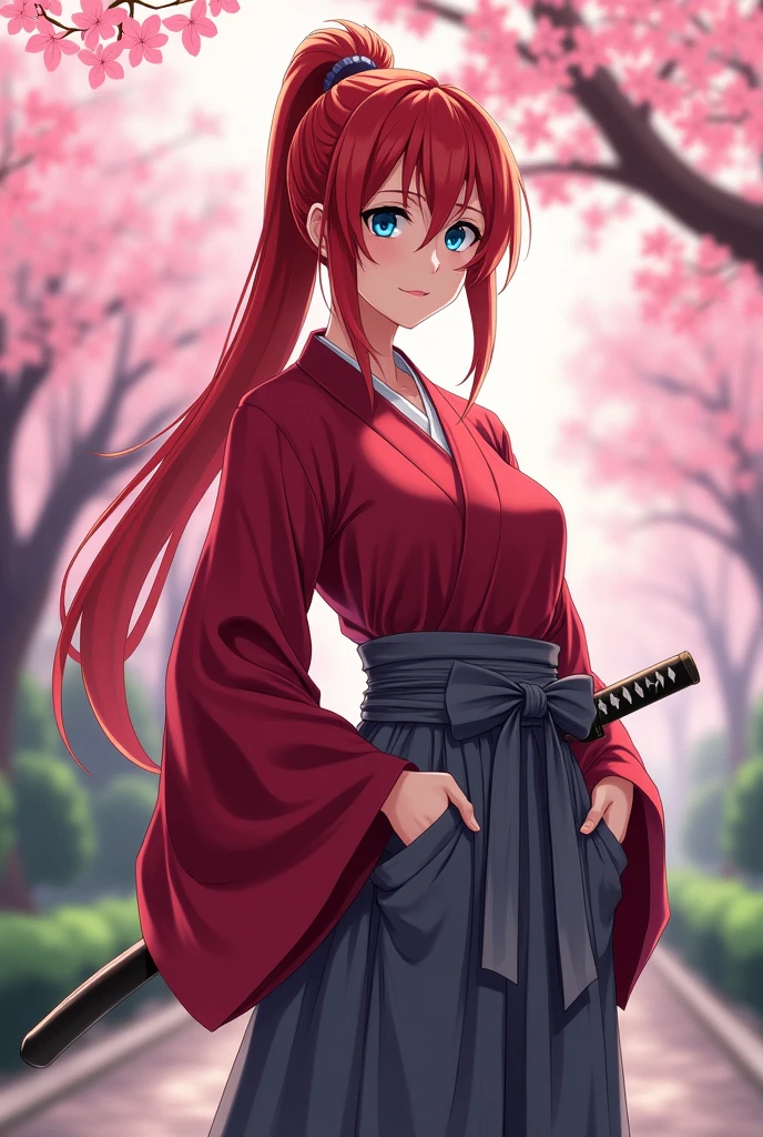 Anime, Japanese woman in a kimono, with blue eyes, red hair, long hair in a ponytail, gray hakama, crimson clothing, a katana on her left hip, large breasts, and a large backside, with an emphasis on her chest. 