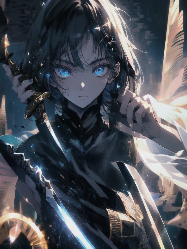 Holding a one-handed sword、Please take the black sword.、((masterpiece, highest quality, Super detailed, High resolution)), alone, beautiful girl, shining eyes, perfect eyes, 15 years old, black white gold theme,