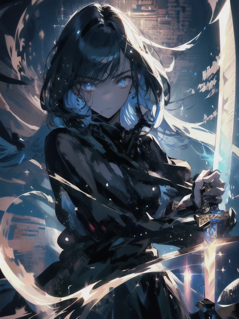 Holding a one-handed sword、Please take the black sword.、((masterpiece, highest quality, Super detailed, High resolution)), alone, beautiful girl, shining eyes, perfect eyes, , black white gold theme,