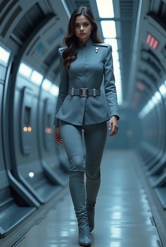 Selena Gomez as a imperial officer from Star Wars walking down hallway wearing light grey uniform looks slightly annoyed
