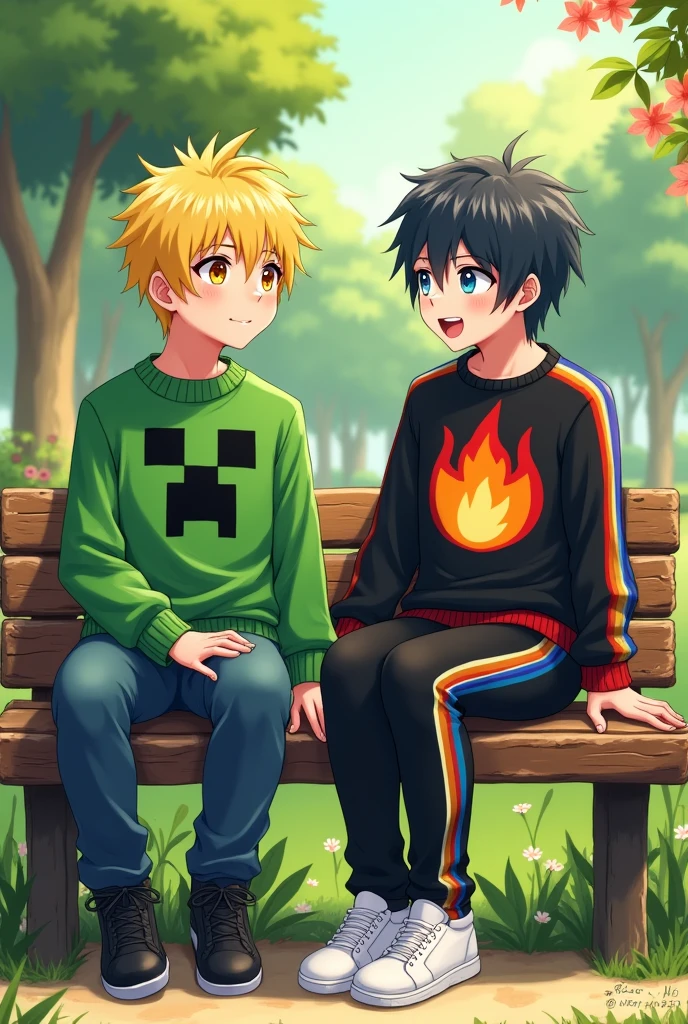A yellow-haired anime boy with yellow eyes, wearing a green sweater with a creeper logo, blue pants, and black shoes, is chatting on a bench with another anime boy who has blue eyes, a black sweater with a red, orange, and yellow fire logo and rainbow stripes on the sides, black pants with white stripes on the sides, and white shoes.