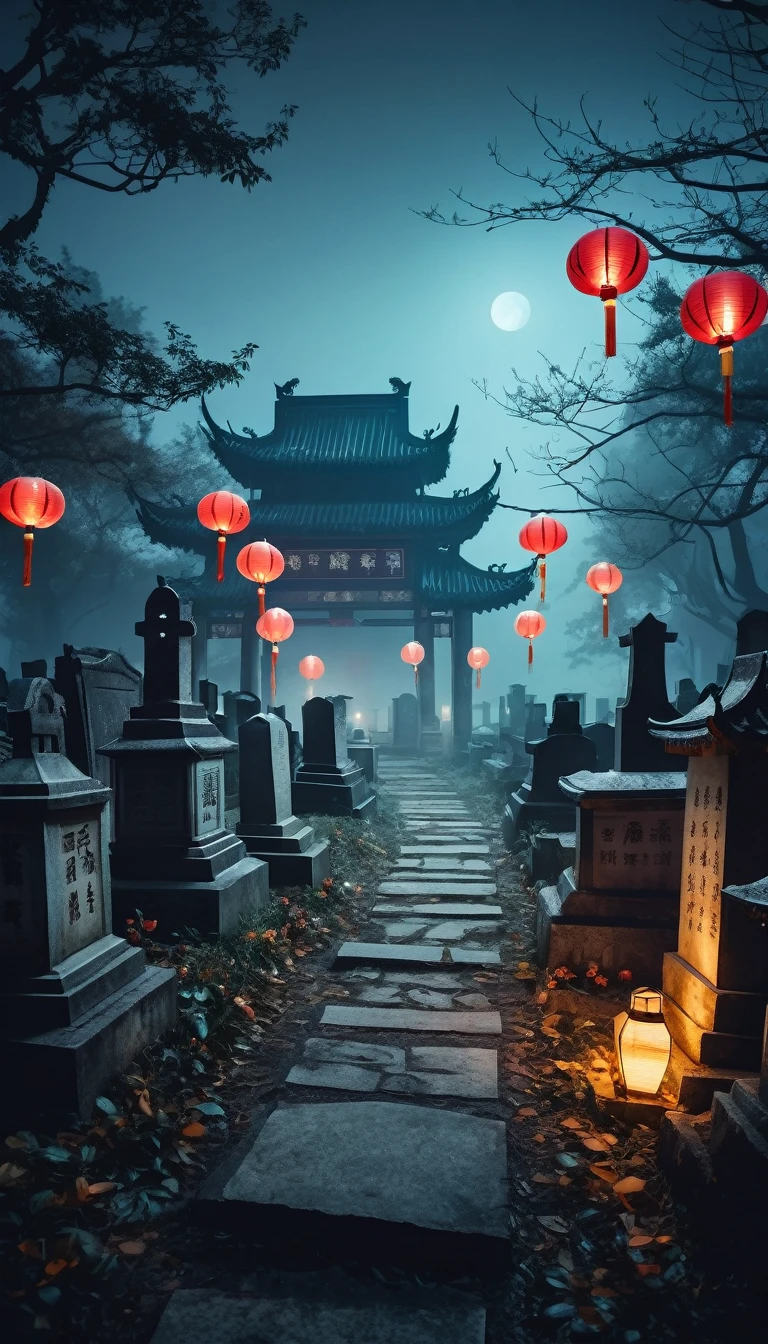 A traditional Chinese graveyard at night, with tombstones and paper lanterns. Foggy, mysterious atmosphere, digital art, concept art