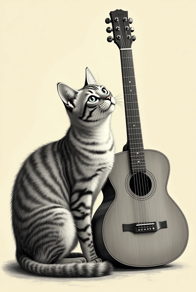 Etched style、Lithograph style、Vintage style、Fine Lines、cross hatching、Expressing Shading、A cat sitting with an acoustic guitar、Depict the cat's fur and the texture of the guitar realistically and in detail、The background is simple、Finish with the cat and guitar standing out
