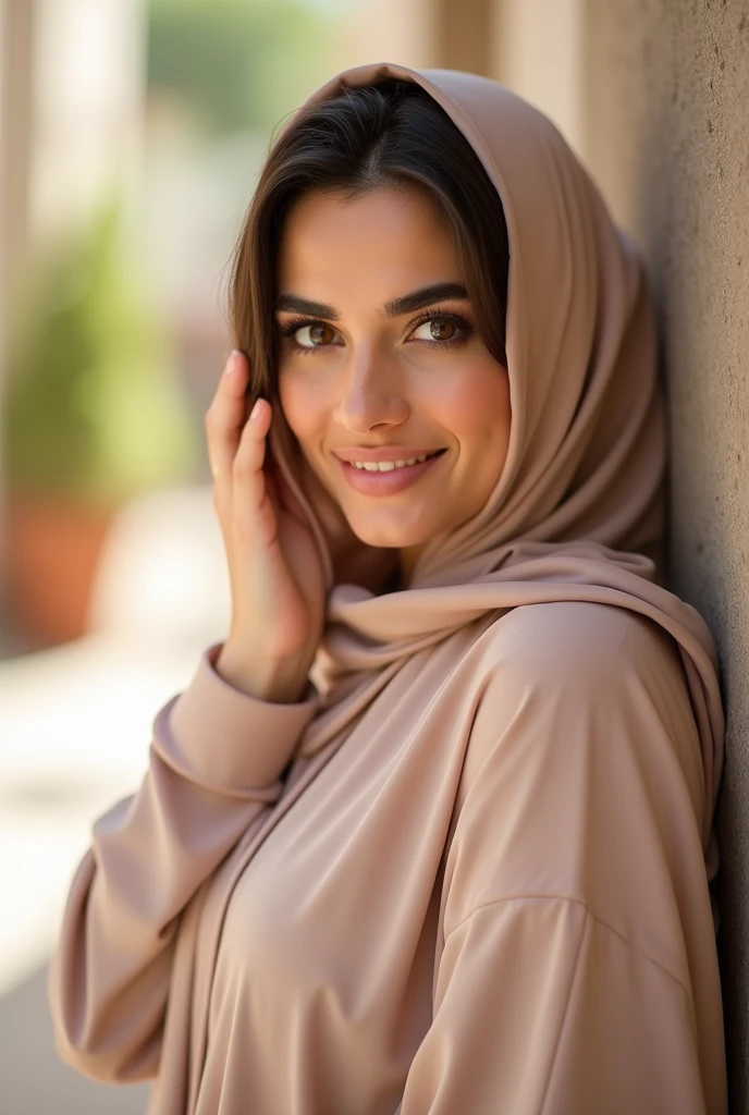 Middle East 33 woman with nude pink scarf brown smiley eyes portrait looking at camera beige summer abaya 