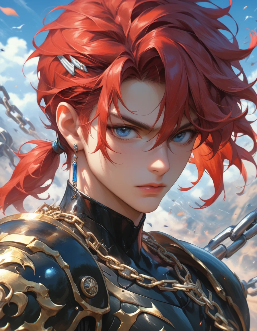 A young man with fluffy, shoulder-length red hair, the top of which is tied into a short ponytail. Beautiful face, blue eyes. Mechanical arm, he is on the battlefield, clothes are black with elements of leather, chain mail and armor. Slightly mature face. Gloomy atmosphere.