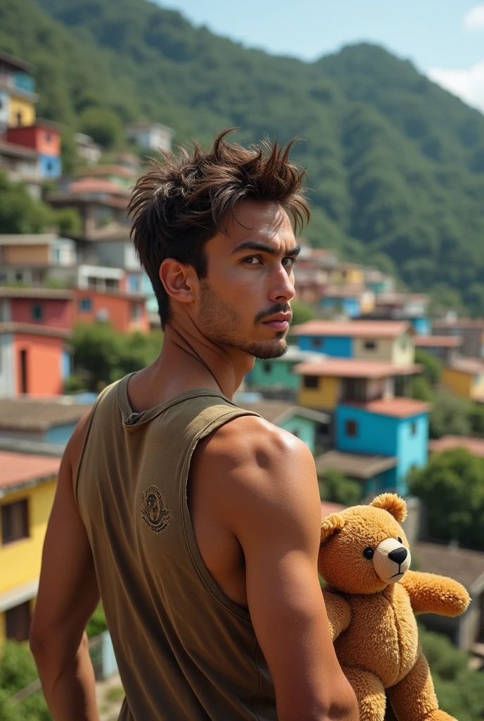 Man, beautiful, attractive face, hazel eyes, perfect jaw and chin, muscular, defined, attractive body , wearing a dirty, torn shirt , rebellious brown hair, sun-burnt , in the Brazilian favela , with houses from Brazil  , He is facing away, looking at the landscape of the hill. , He is holding a teddy bear in his hand. 