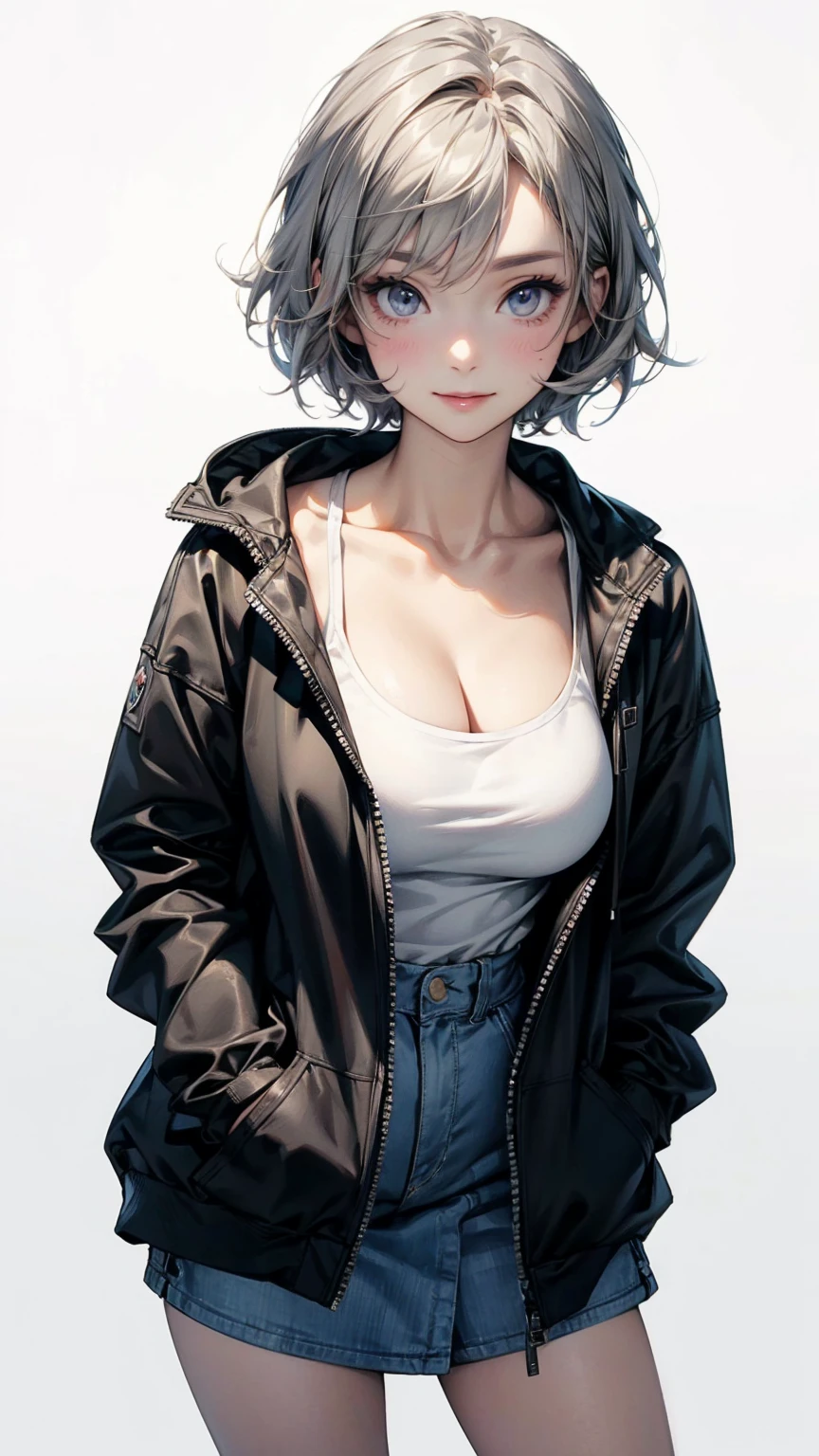 Top view, A woman bending forward, showing her cleavage., Hands in pockets, Ash grey asymmetrical short hair, Smiling with eyes looking up, A coordinated look with a zippered hoodie and mini skirt, White background:1.5, Anime Style, Digital Painting, (masterpiece, High resolution, Highest quality)